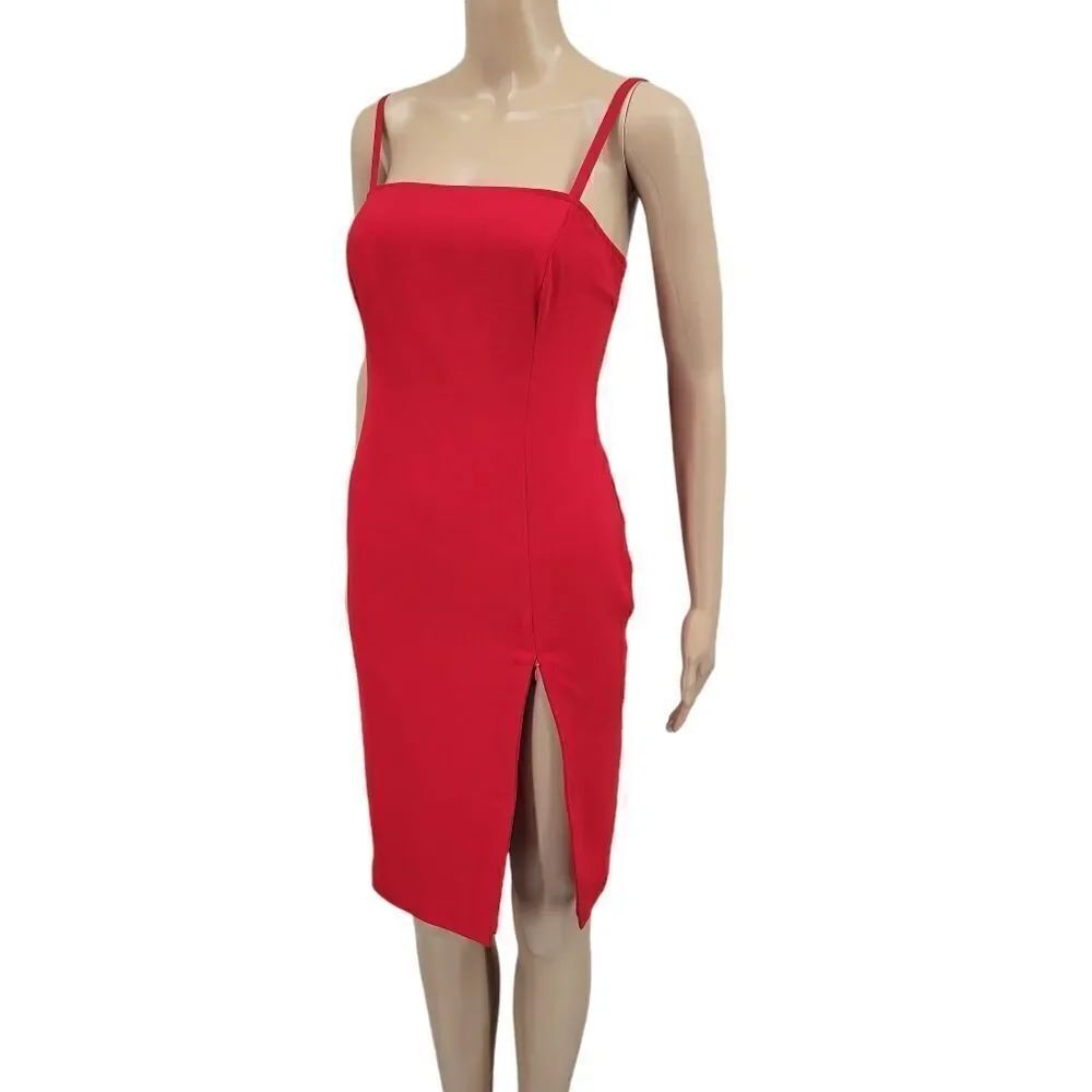 Hugo Buscati Vintage 90s Little Red Midi Moto Dress w/ ZipperedโSide Slit